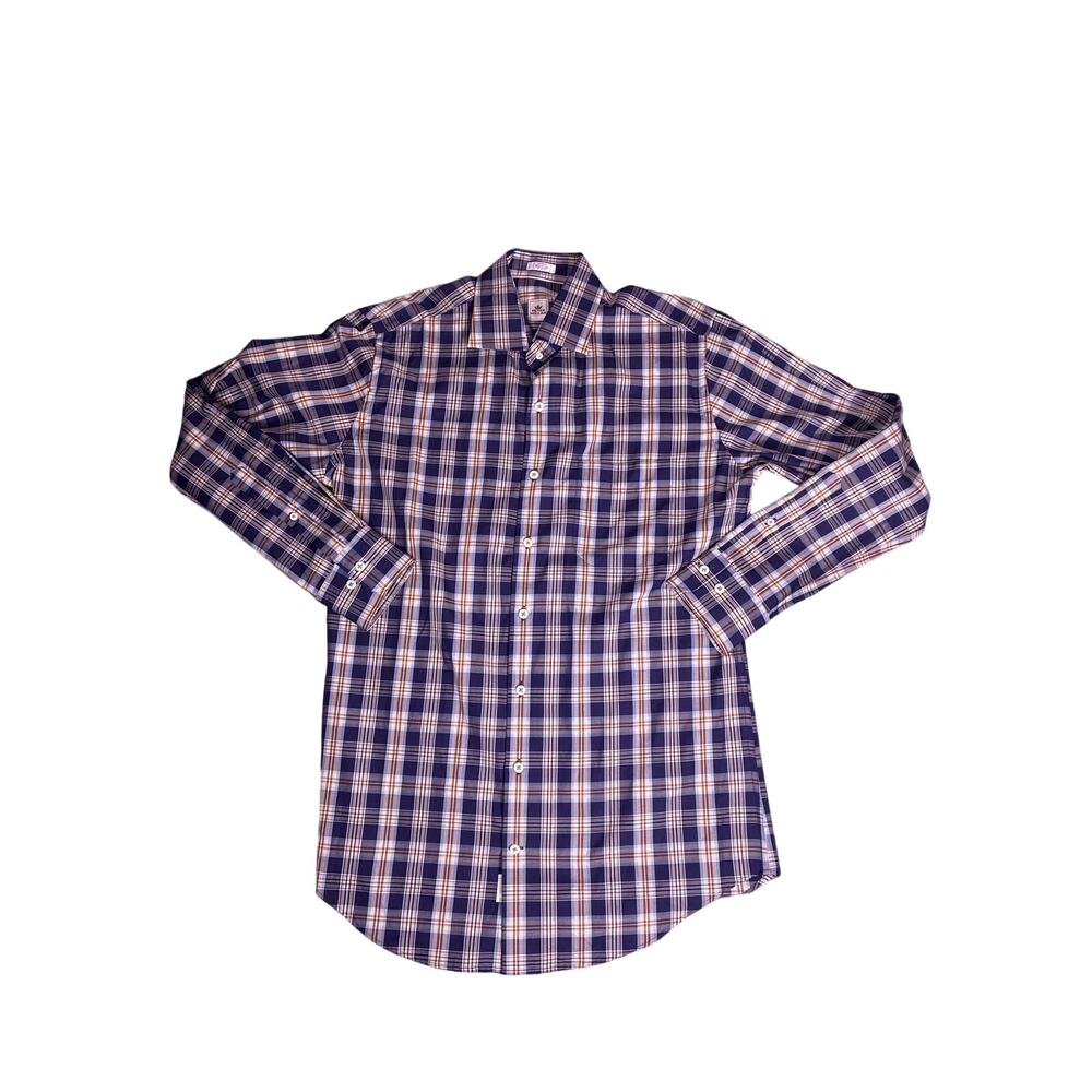 Peter Millar Plaid Button Down Shirt Mens Medium Blue Brown Long Sleeve NWOT